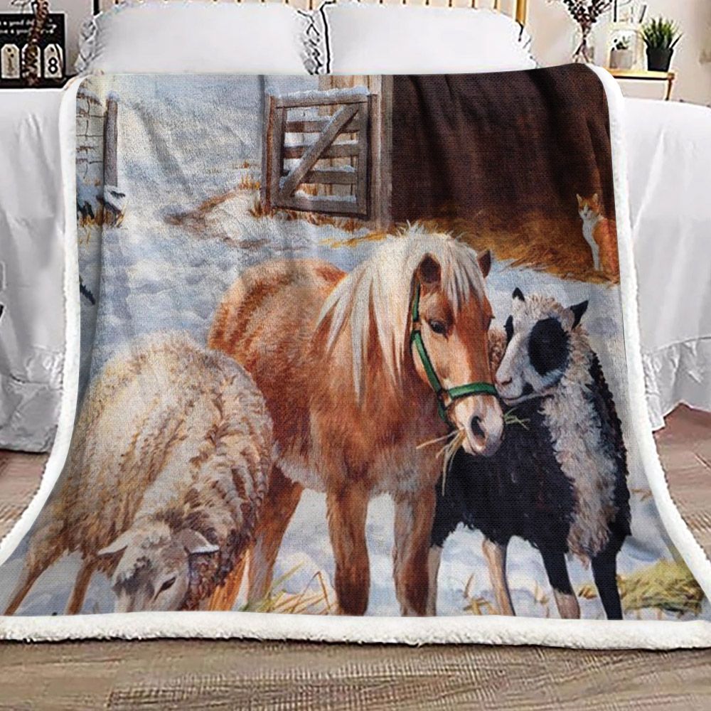 Winter Farm Horse Sherpa Fleece Blanket