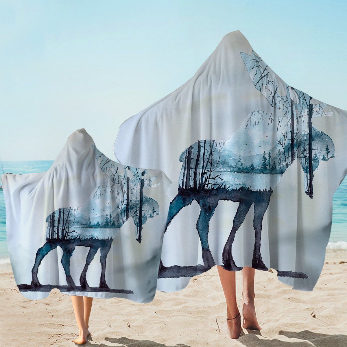 Winter Moose Snow On White Printed Hooded Towel