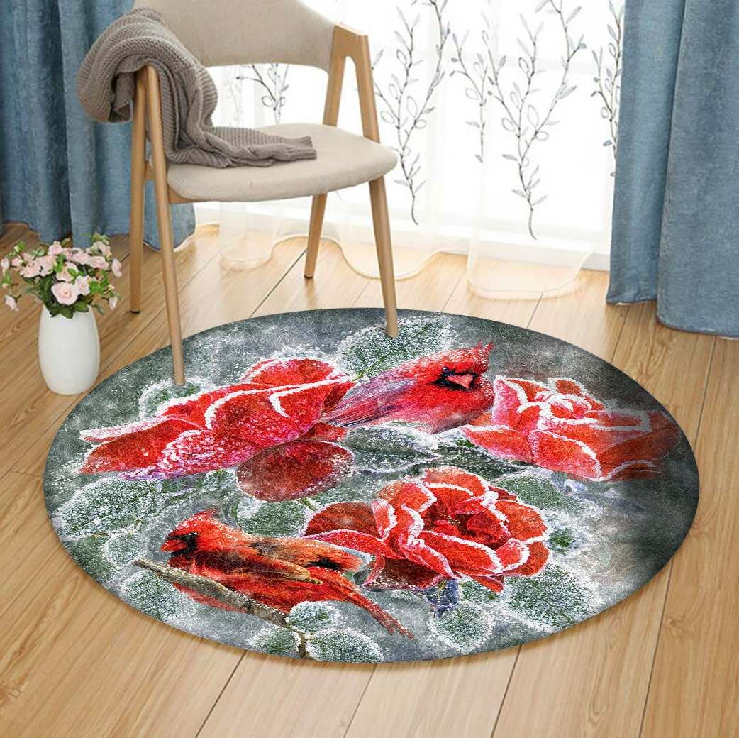 Winter Rose And Cardinal Round Carpet