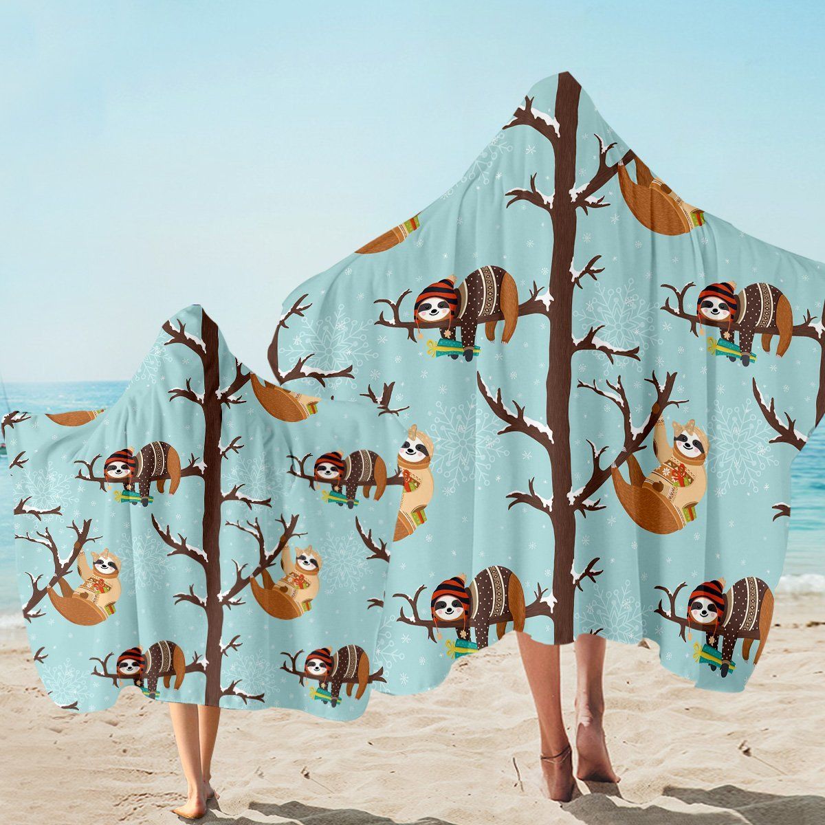Winter Sloths On Tree Pattern Printed Hooded Towel
