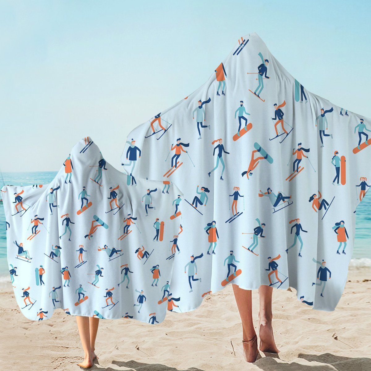 Winter Sports On Pastel Blue Printed Hooded Towel
