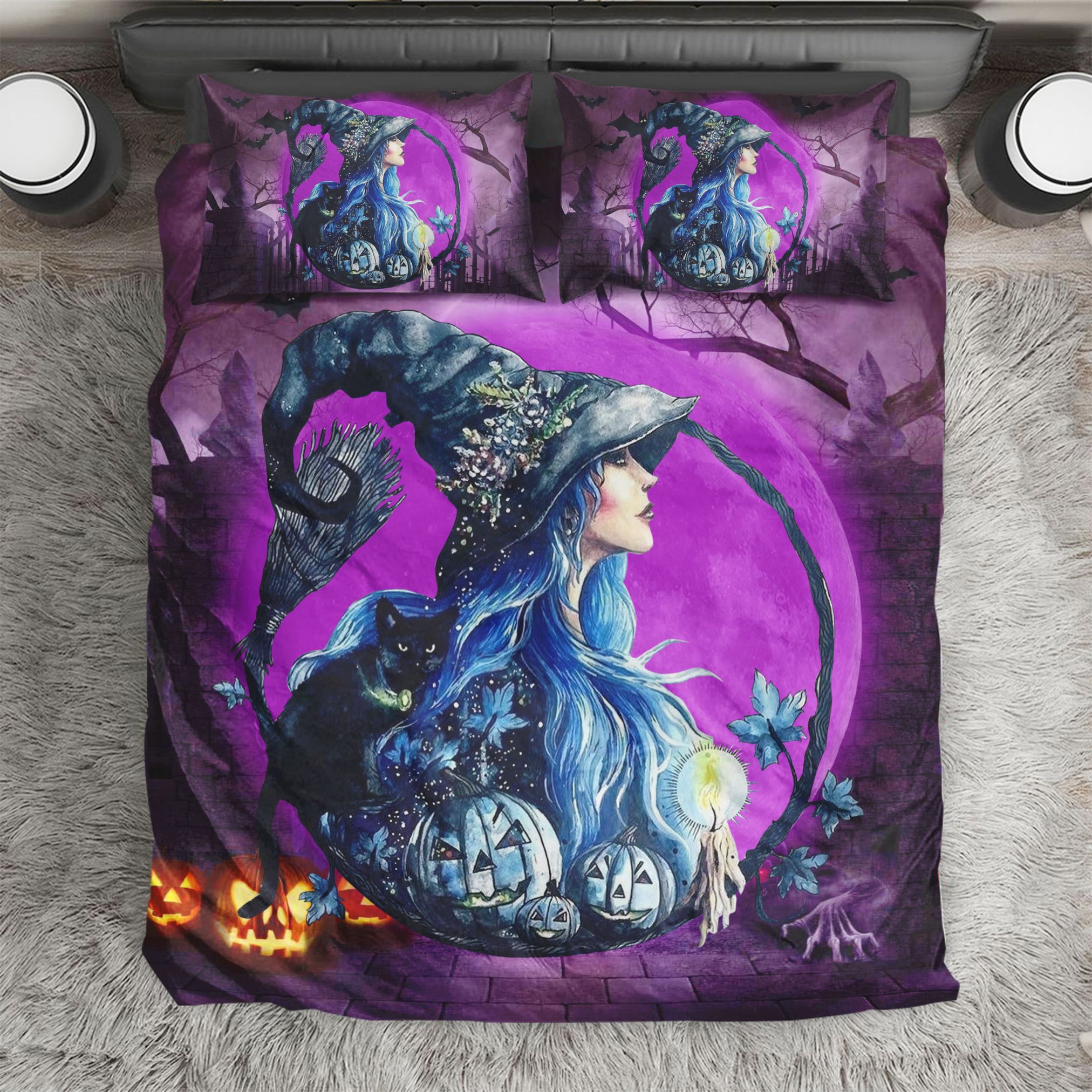 Witch And Black Cat Halloween Bedding Set