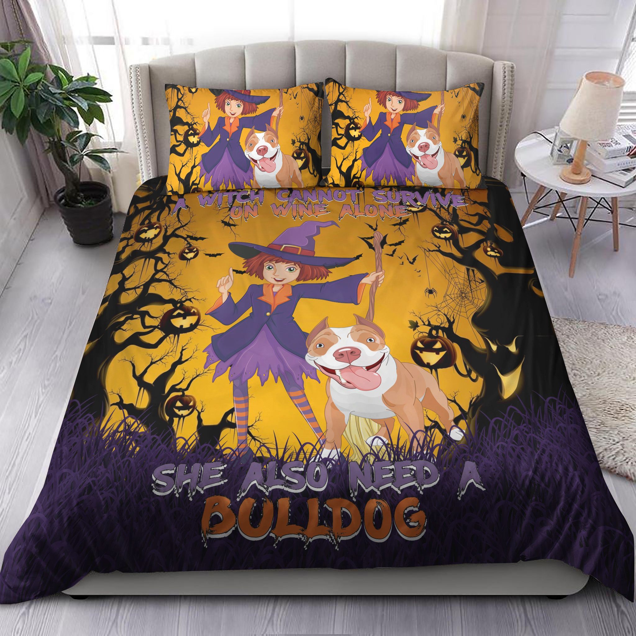 Witch And Her Bulldog Bedding Set