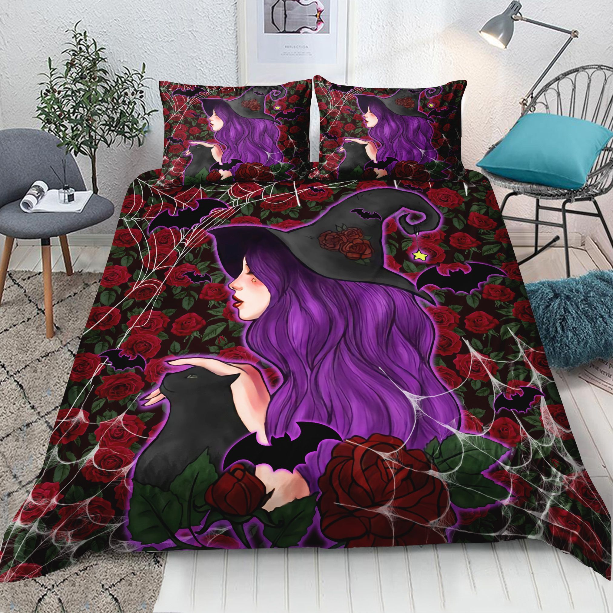 Witch Halloween And Roses Bedding Set