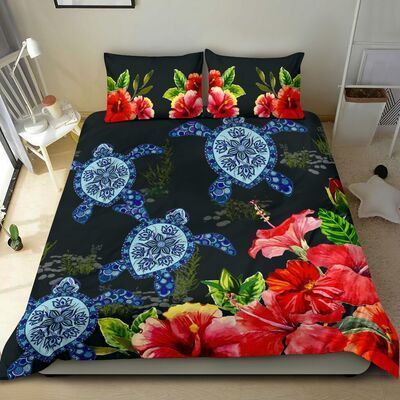 With Red Hibicus Blue Turtle Bedding Set