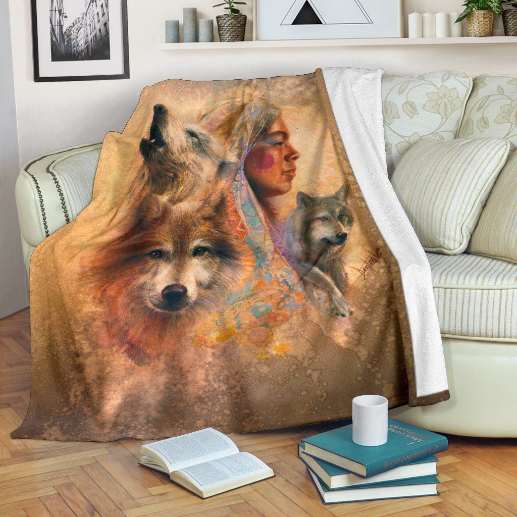 Wolf American Native Sherpa Fleece Blanket