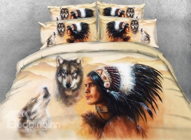 Wolf And American Indian Chief Bedding Set