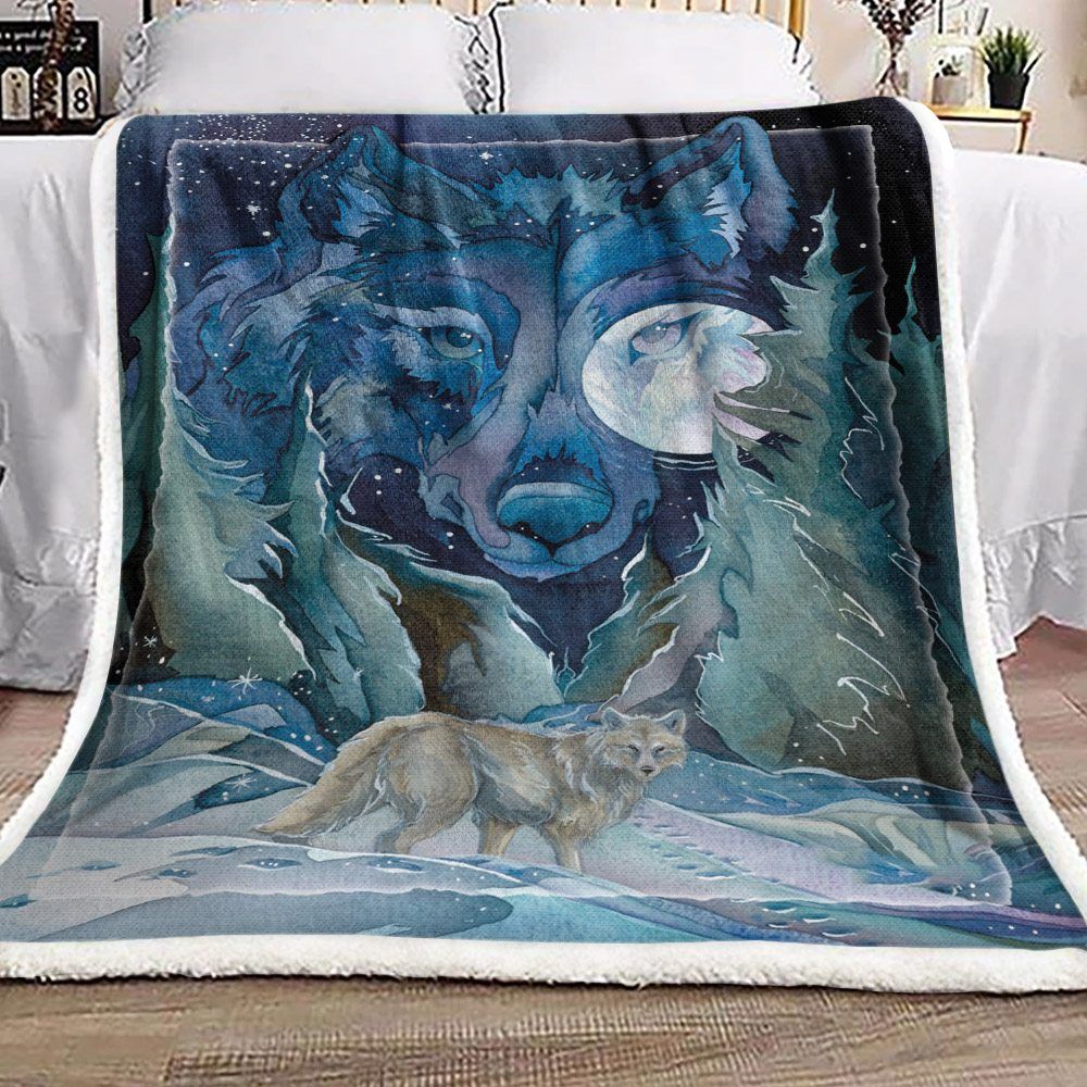 Wolf And Moon Sherpa Fleece Blanket