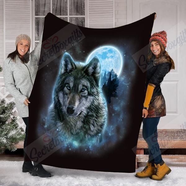 Wolf And Moon Fleece Blanket