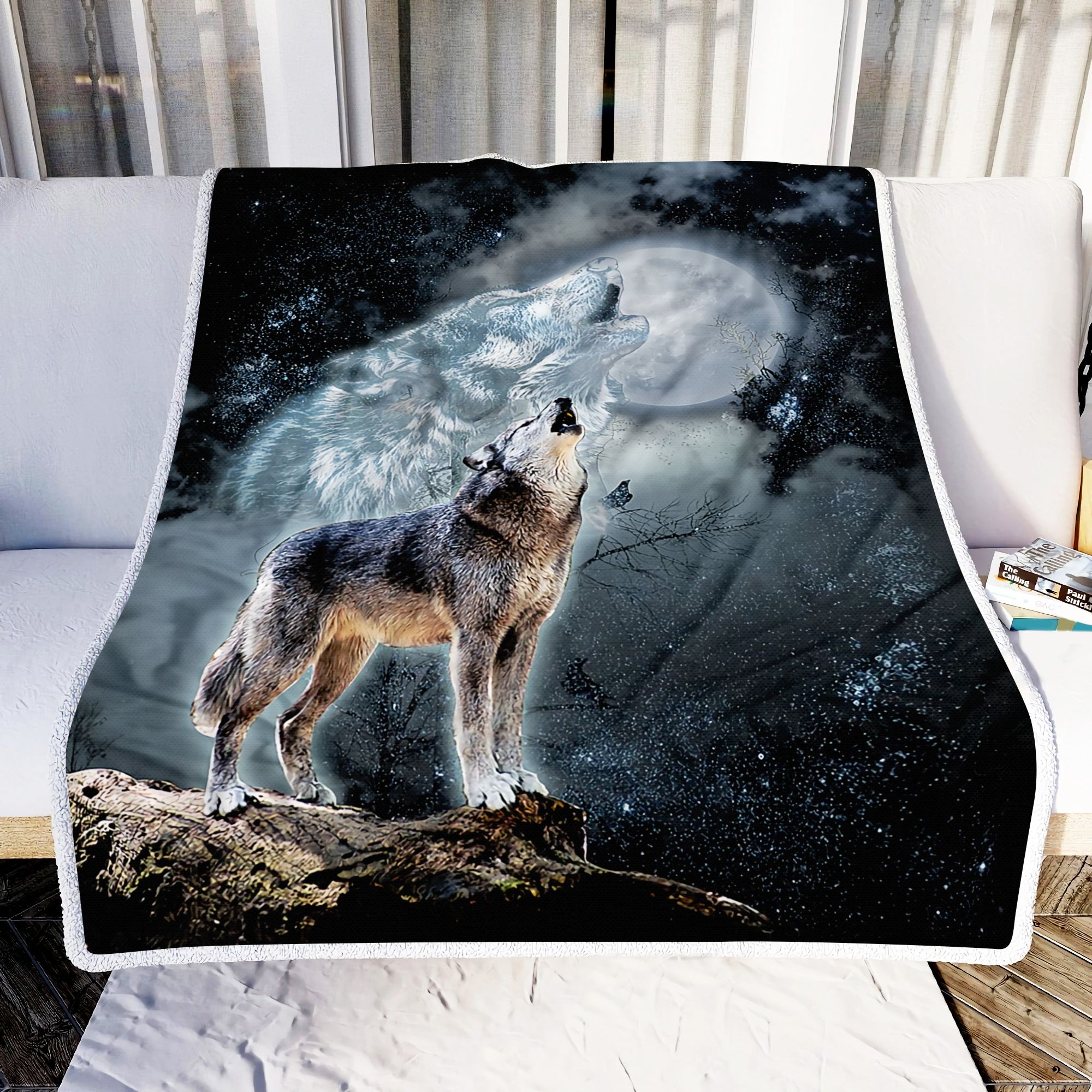 Wolf And Moon Fleece Blanket