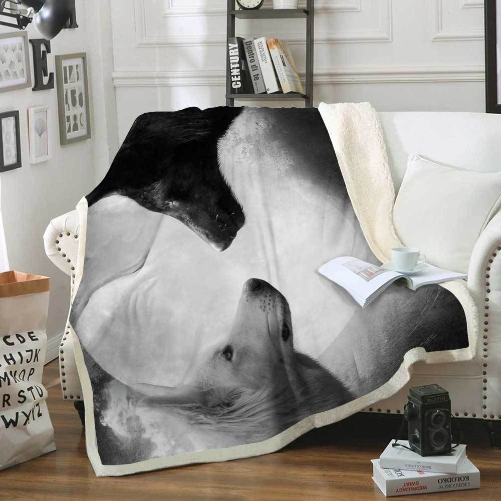Wolf Black White Sherpa Fleece Blanket