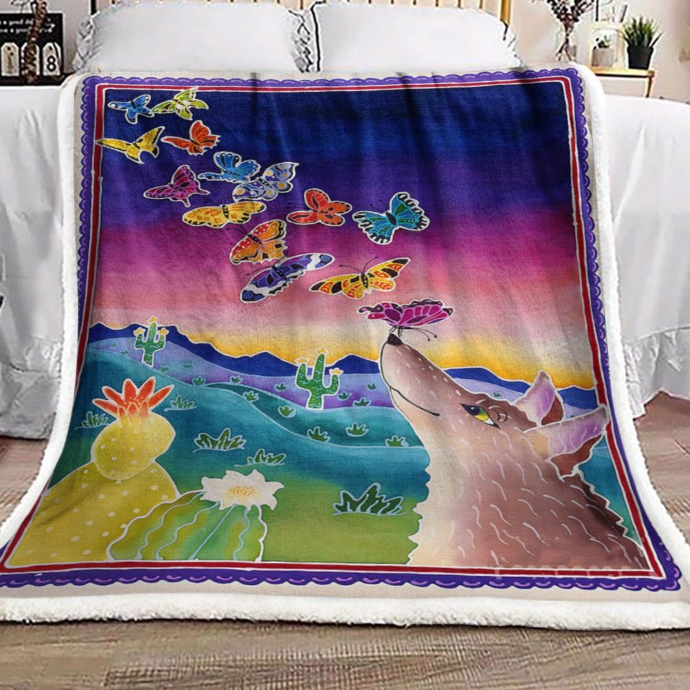 Wolf Butterfly Cactus Sherpa Fleece Blanket