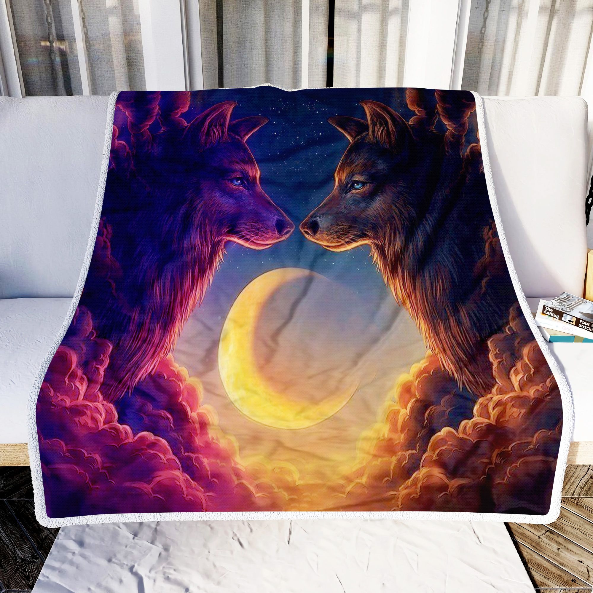 Wolf Couple Moon Fleece Blanket