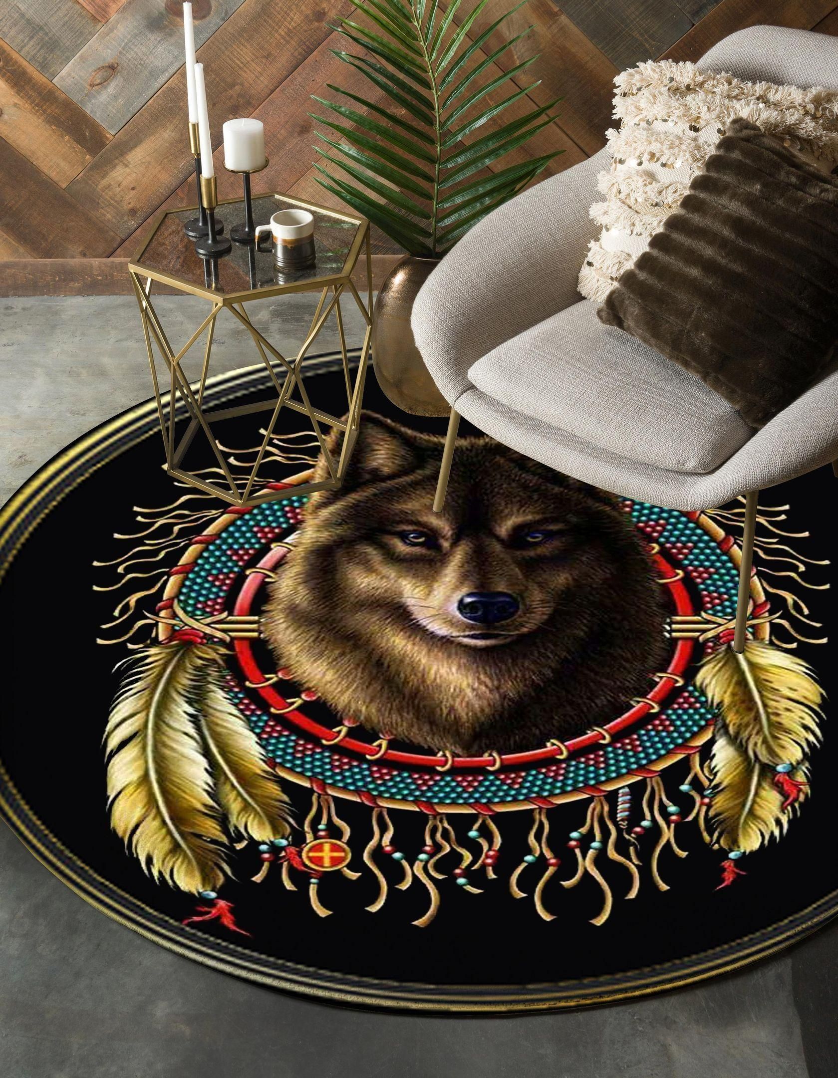 Wolf Dreamcatcher Native American Round Carpet