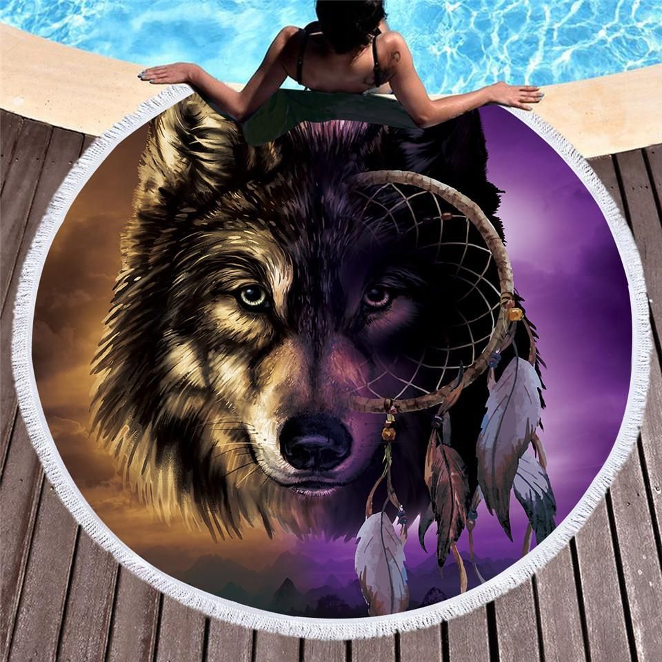 Wolf Eye Dreamcatcher Round Beach Towel