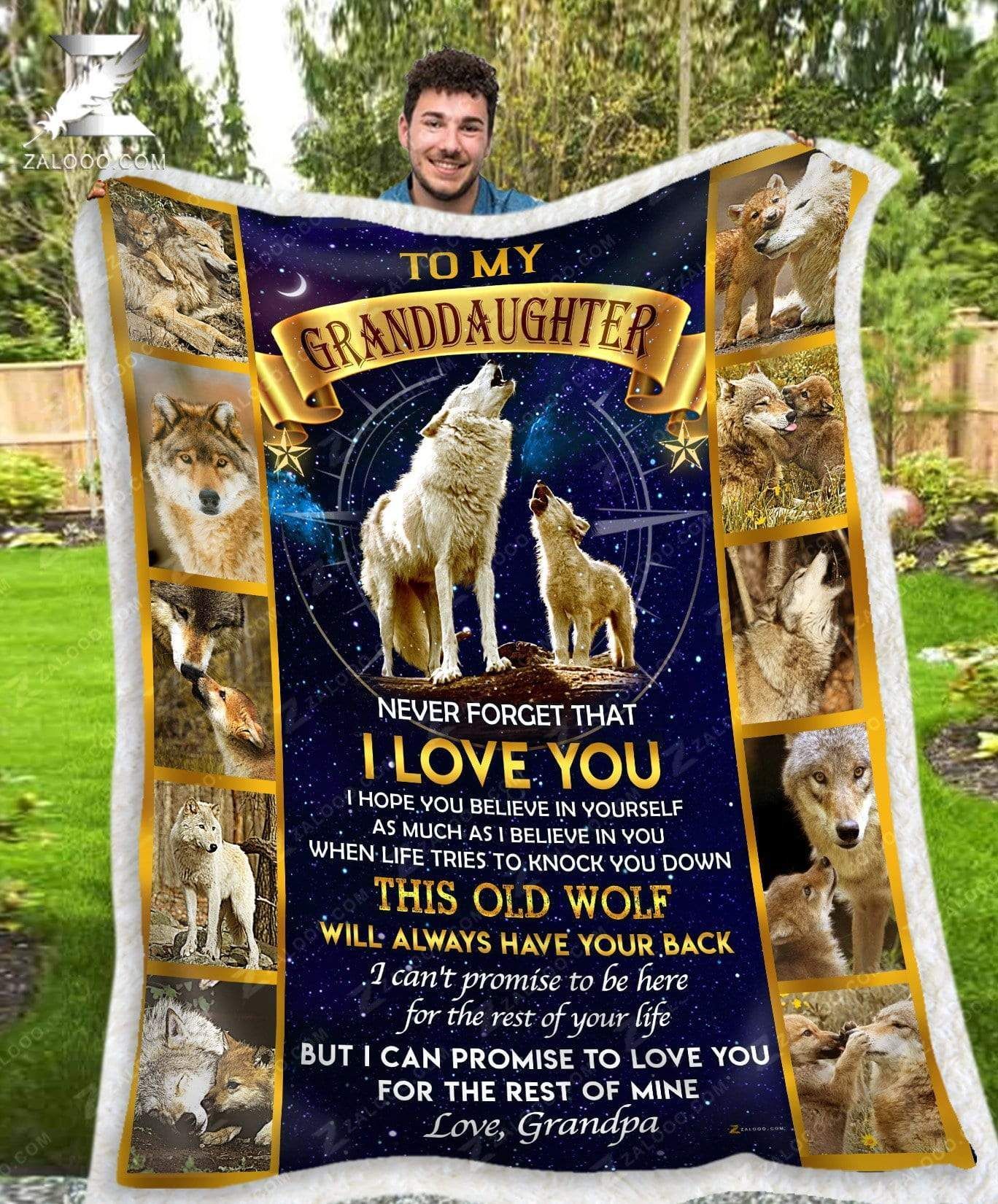 Wolf For Granddaughter From Grandpa This Old Wolf Will Always Have Your Back Sherpa Fleece Blanket