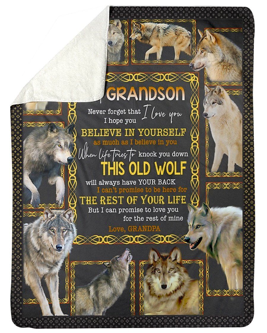 Wolf Grandma To My Grandson Fleece Blanket Believe In Yourself Sherpa Blanket