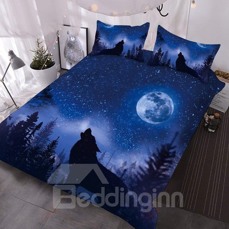 Wolf Howling In Blue Night Bedding Set