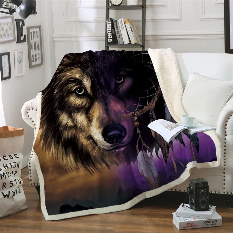Wolf Infused Dreamcatcher Sherpa Fleece Blanket