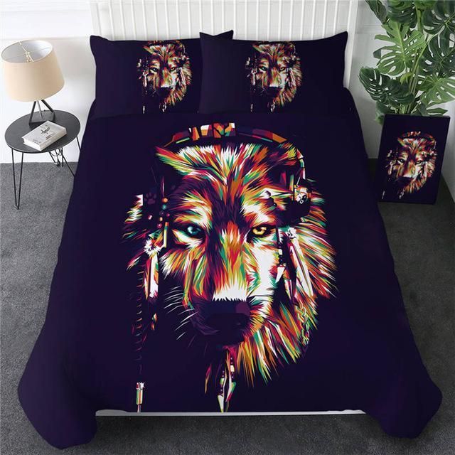 Wolf Listening to Music Native American Bedding Set