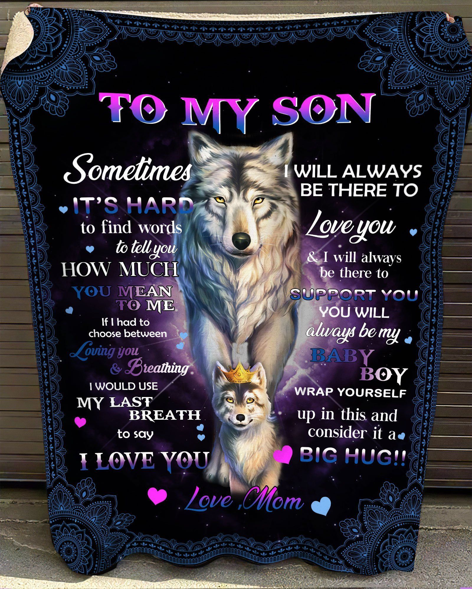 Wolf Mom Gift For Son I Love You Blue Mandala Fleece Blanket
