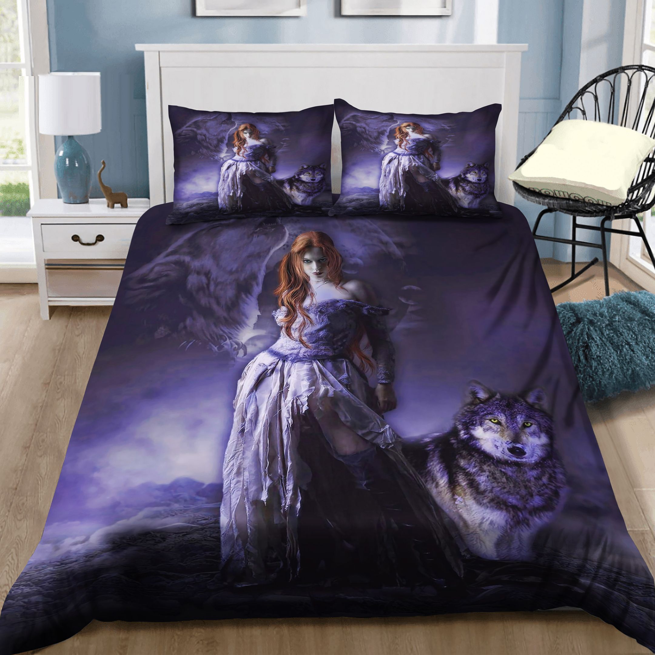 Wolf Moon And Girl Bedding Set