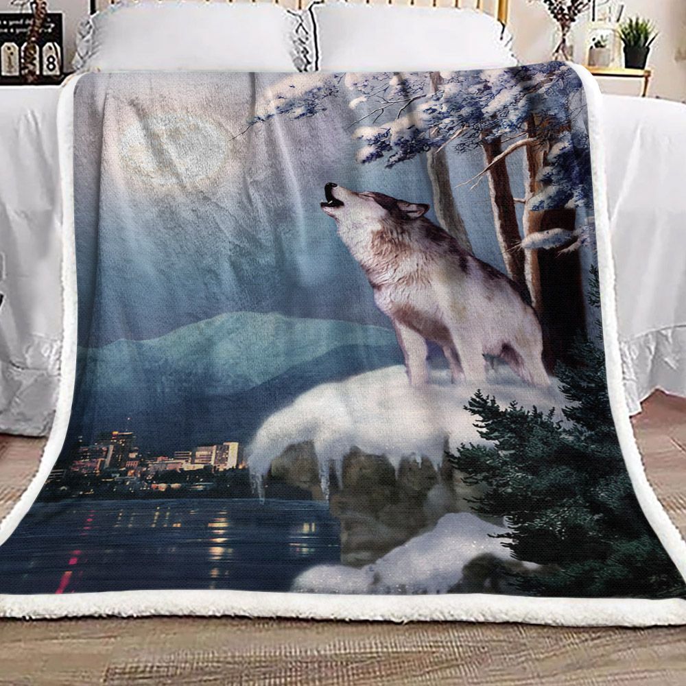Wolf Moon Snow Sherpa Fleece Blanket