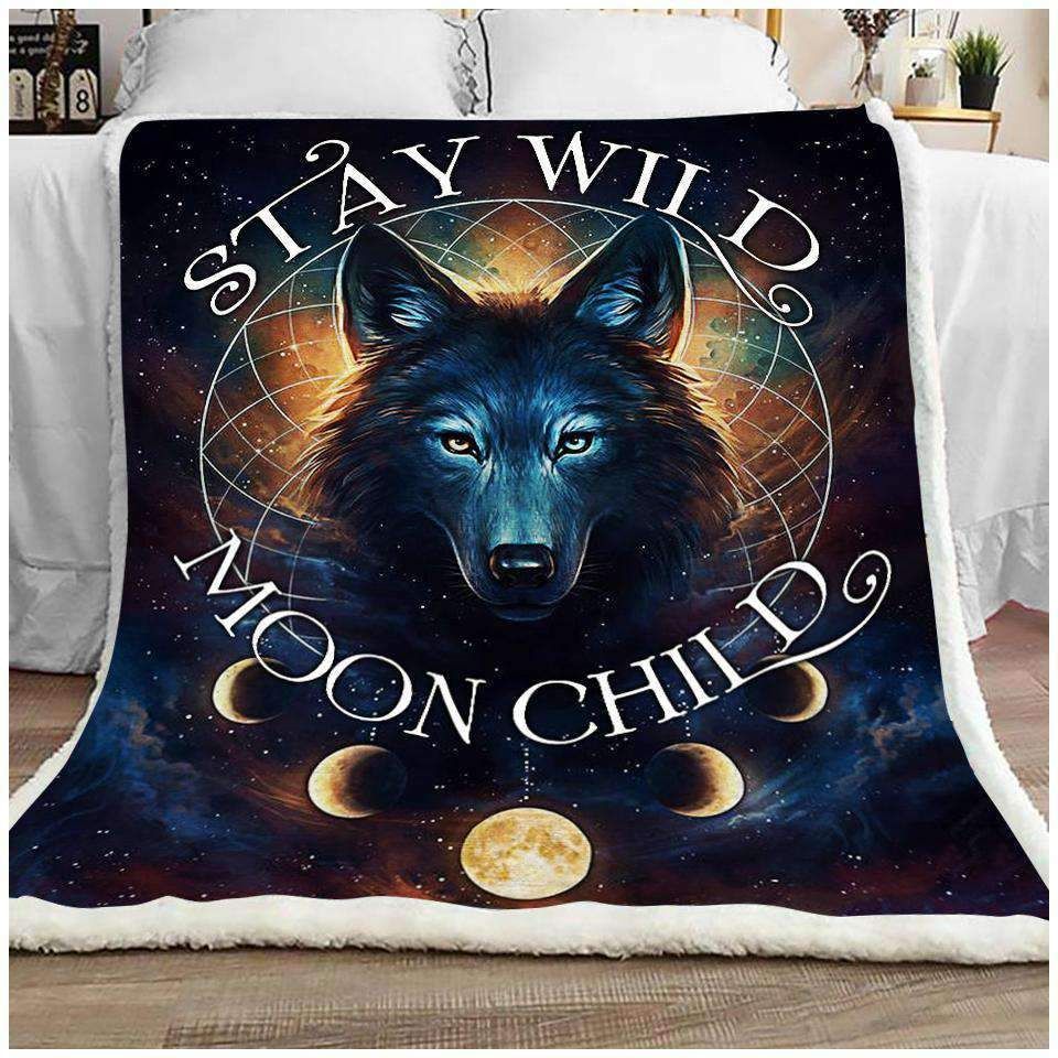 Wolf Moon Stay Wild Moon Child Sherpa Fleece Blanket