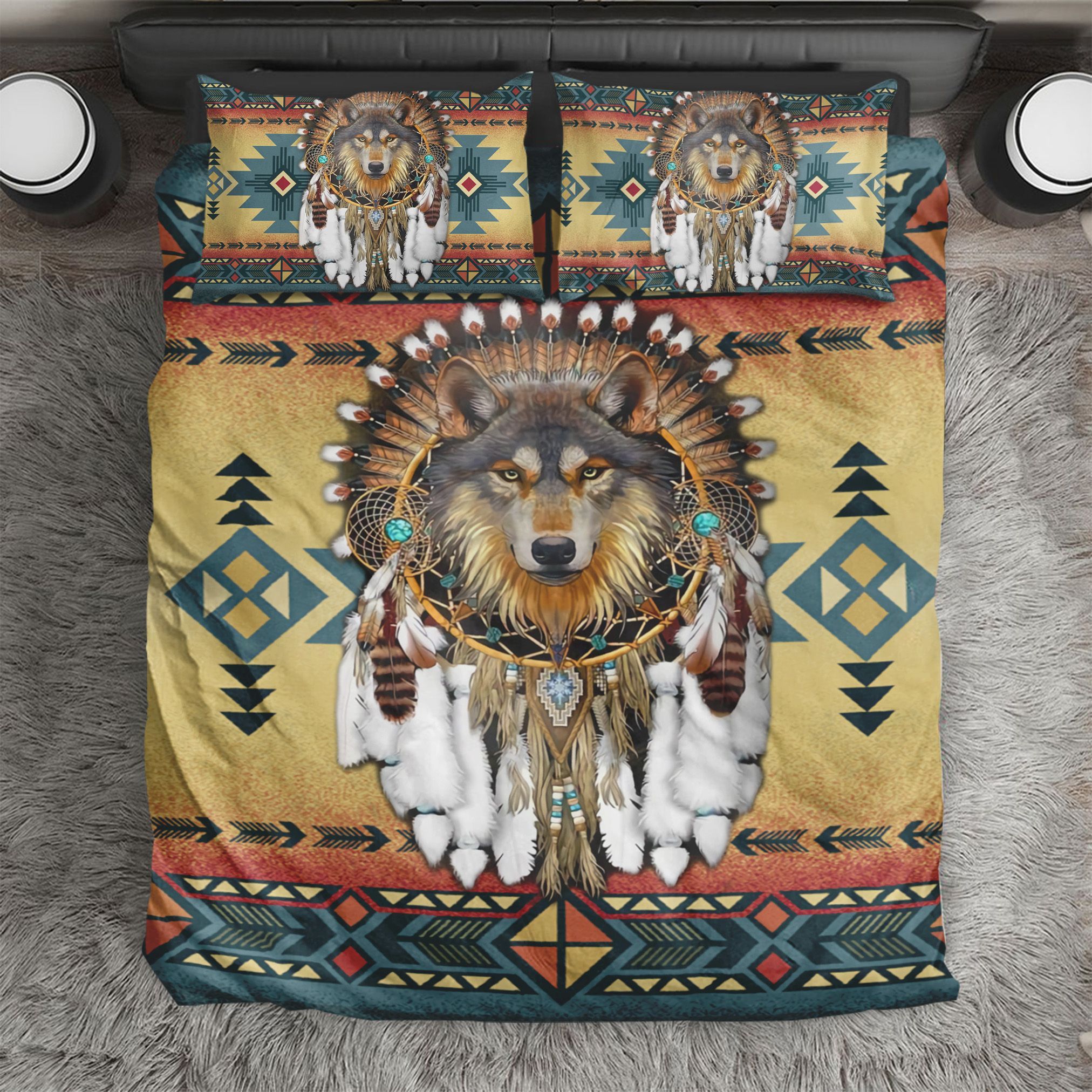 Wolf Native America Feather Bedding Set
