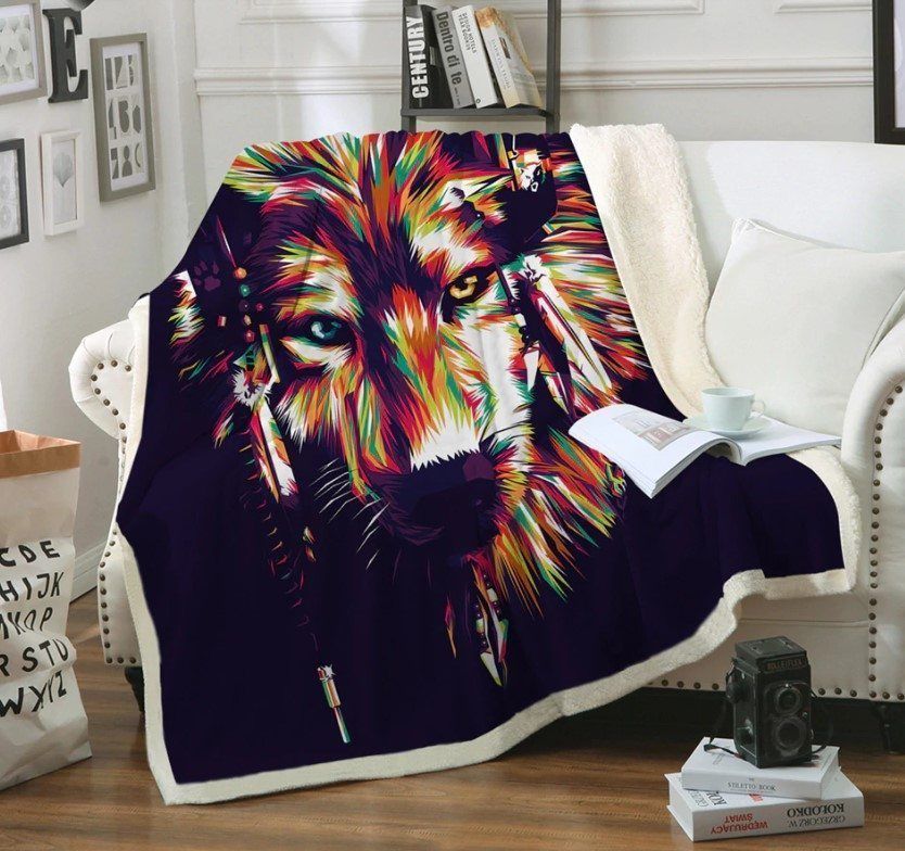 Wolf Native American Sherpa Fleece Blanket
