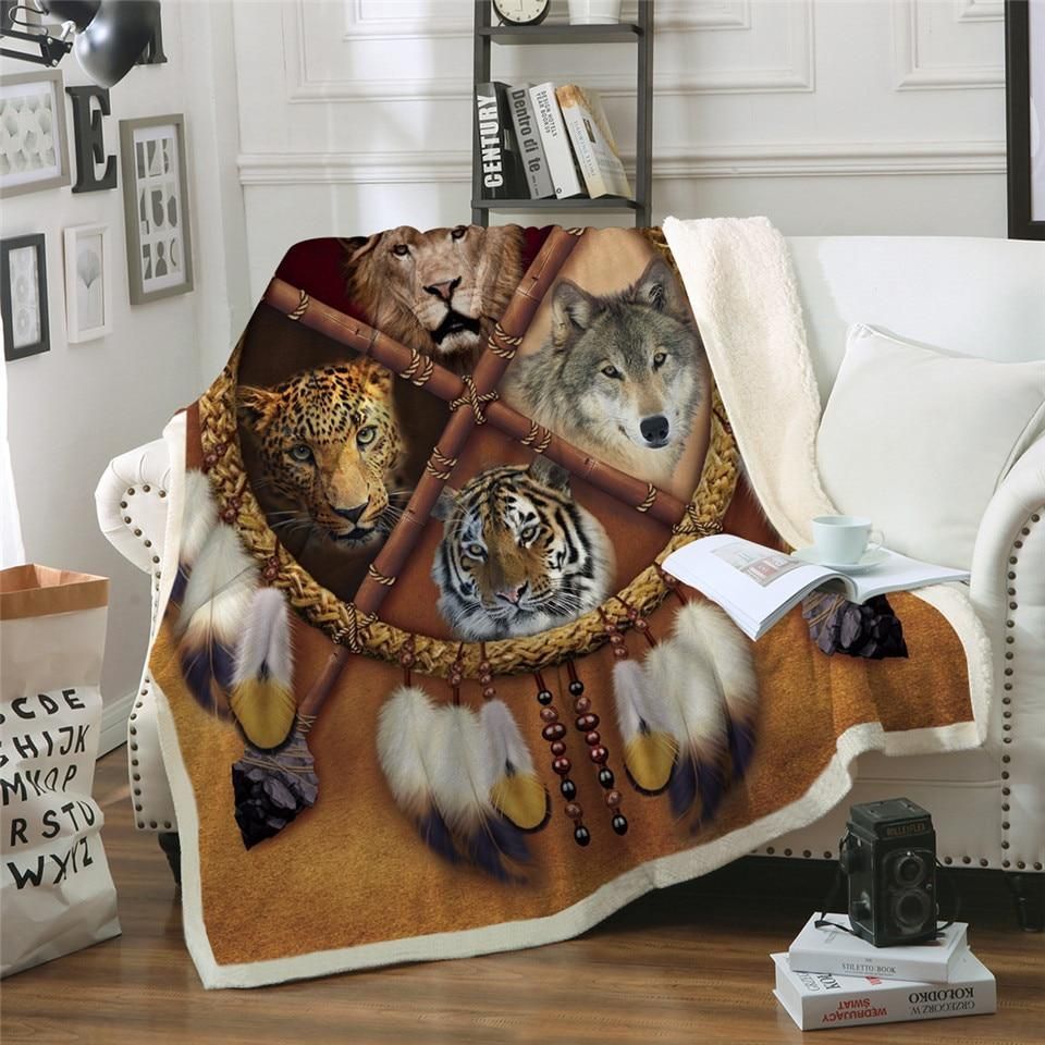 Wolf Native American Dreamcatcher Sherpa Fleece Blanket