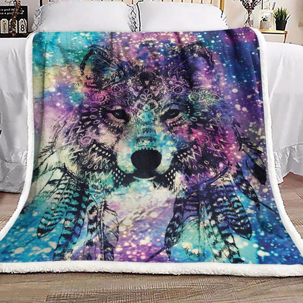 Wolf Native American Sherpa Fleece Blanket