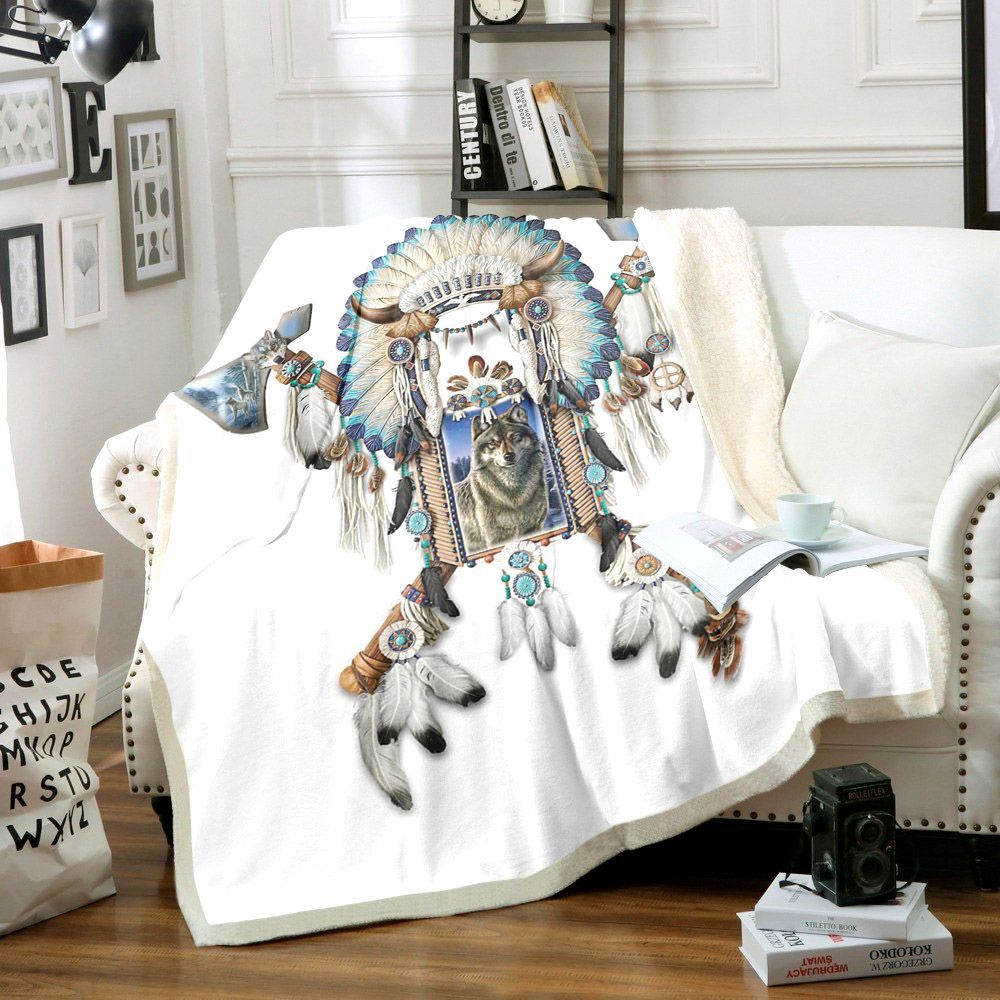 Wolf Native American Sherpa Fleece Blanket