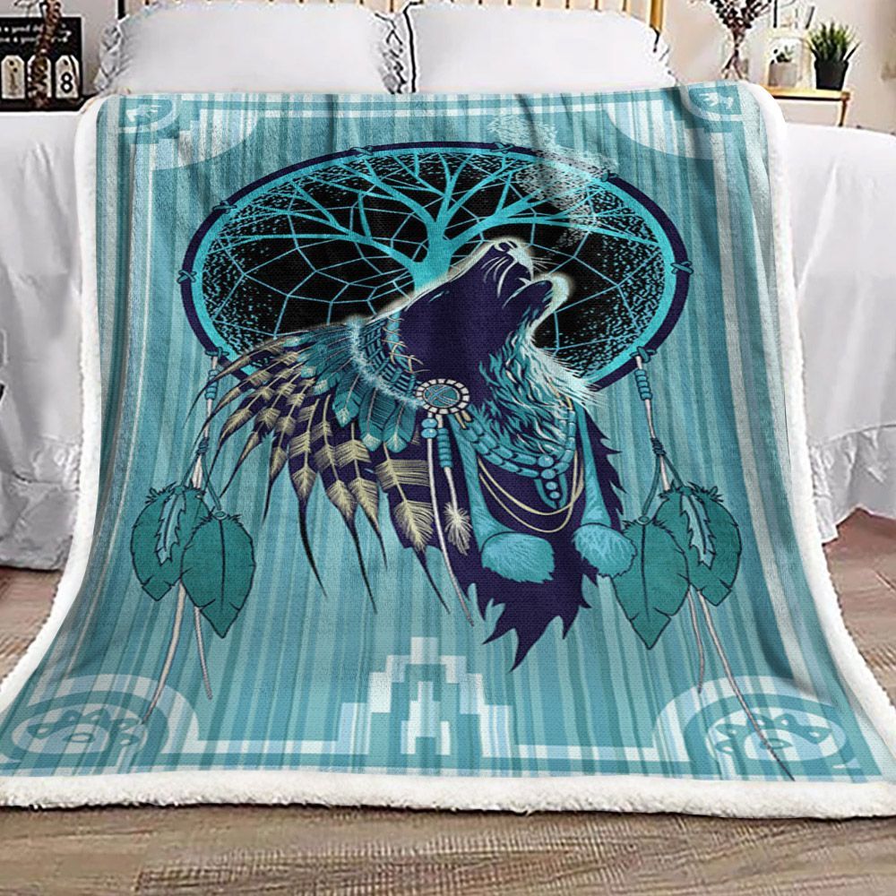 Wolf Native American Sherpa Fleece Blanket
