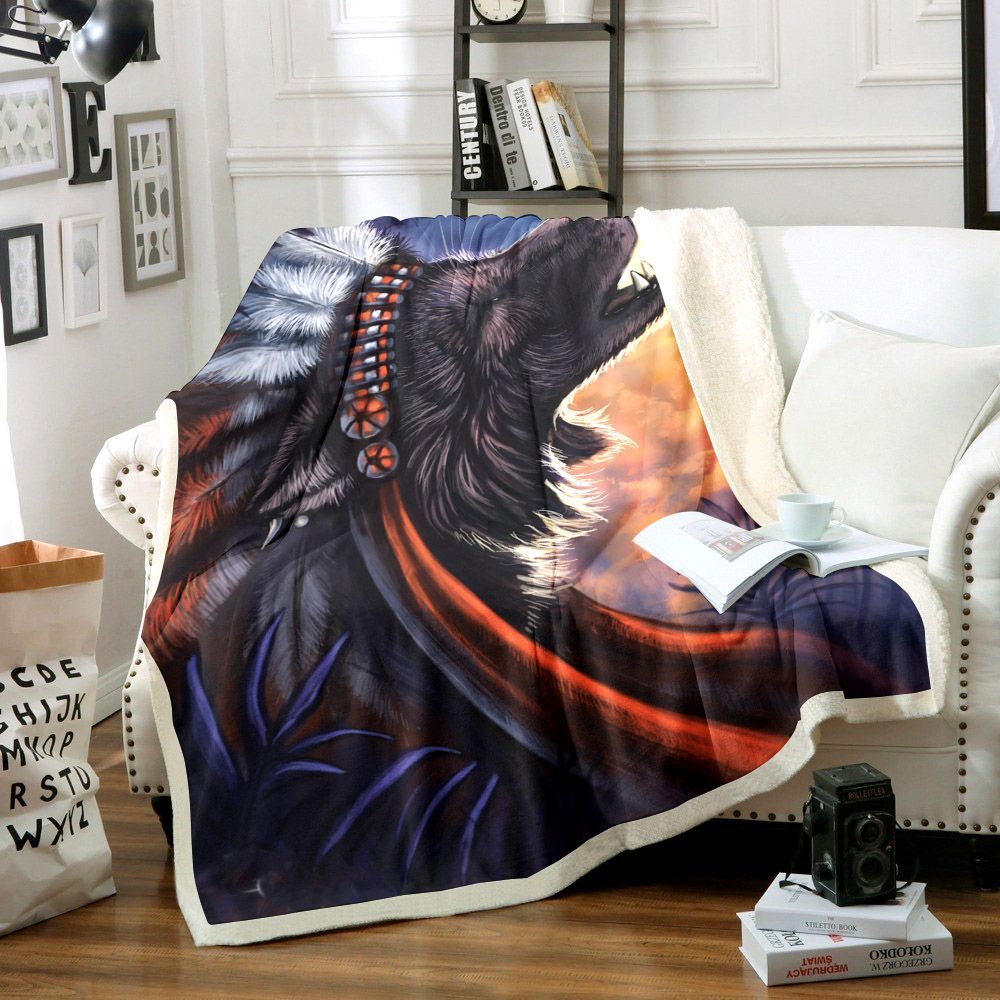 Wolf Native American Sherpa Fleece Blanket