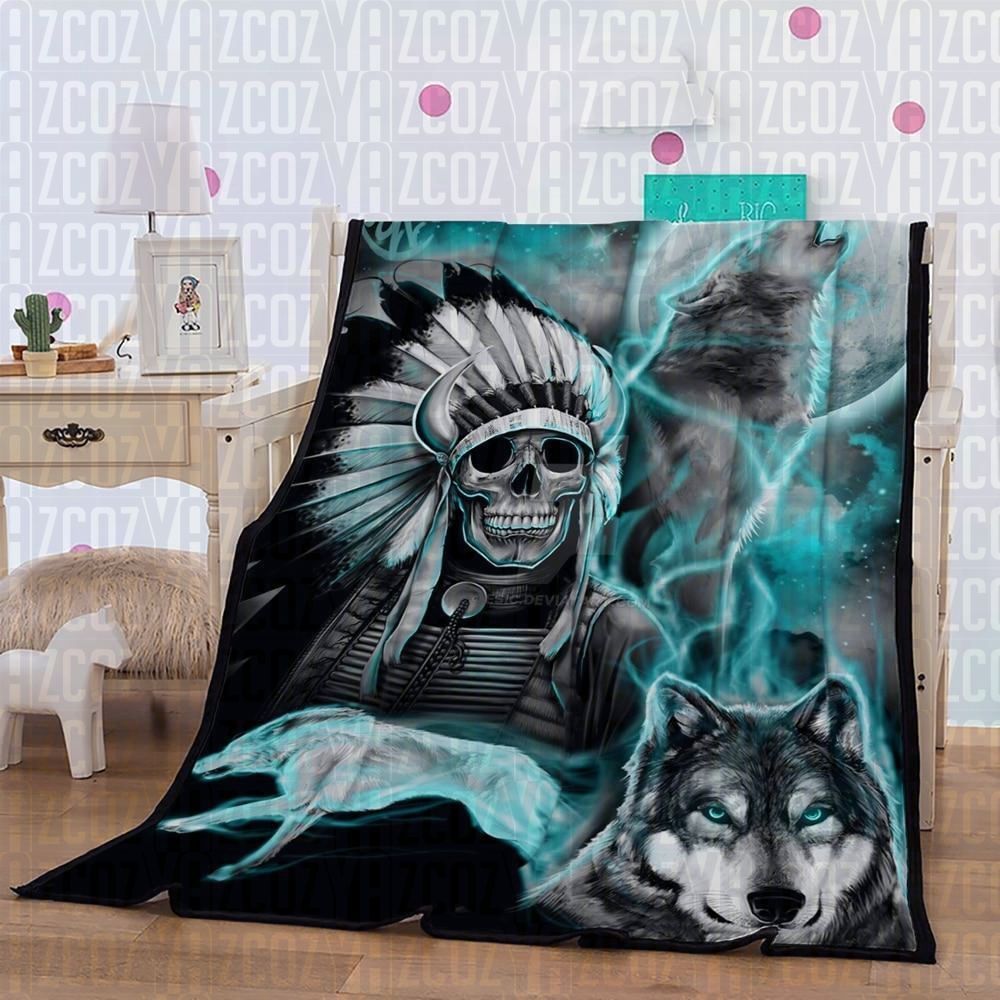Wolf Native American Skull Sherpa Fleece Blanket