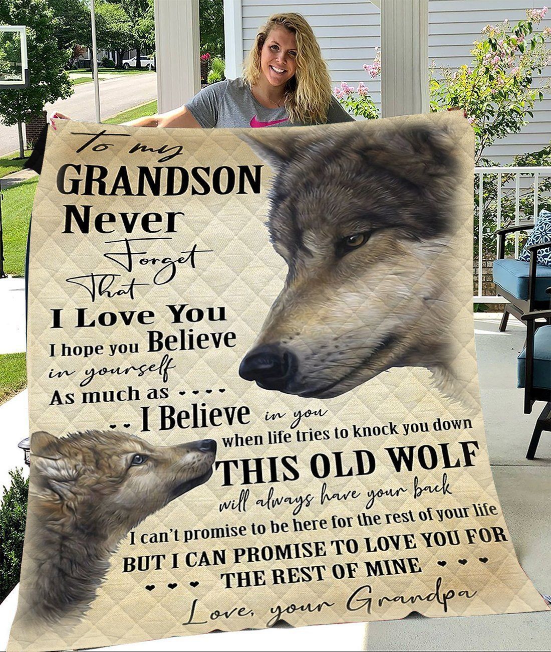 Wolf Never Forget That I Love You Grandpa Gift For Grandson Quilt Blanket