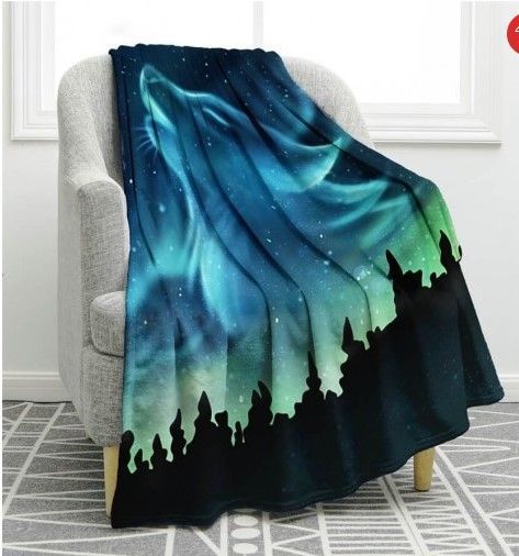 Wolf Northern Lights Sherpa Fleece Blanket