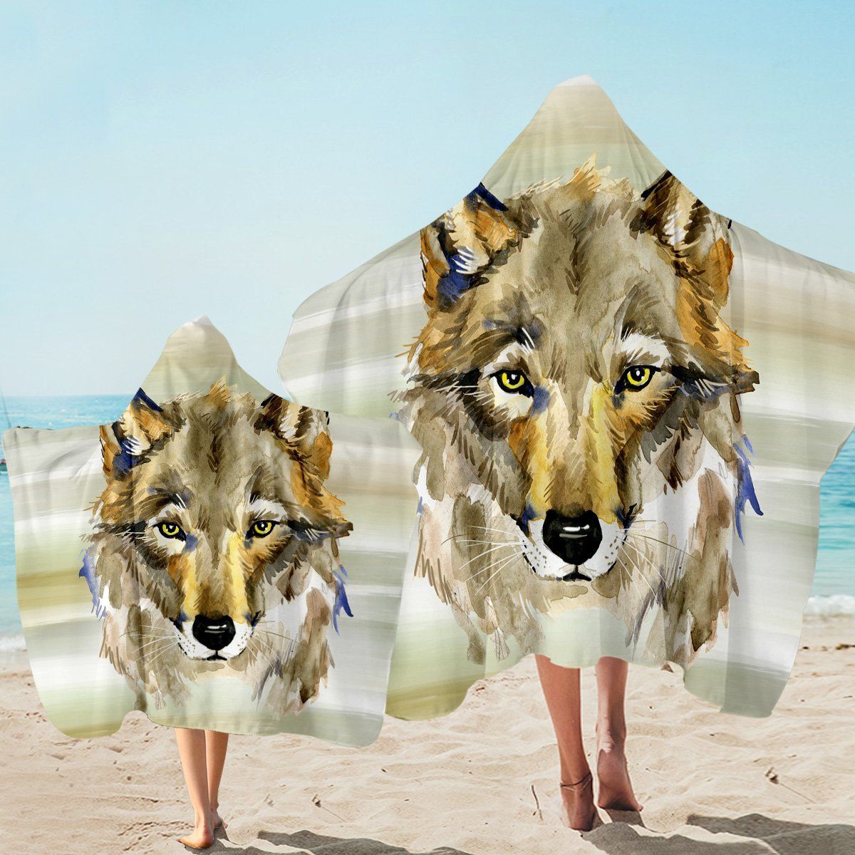 Wolf Portrait Pattern Printed Hooded Towel