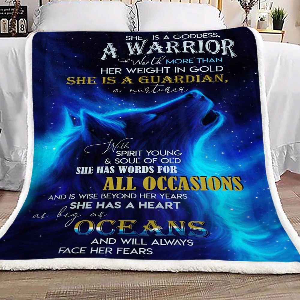 Wolf She Is A Goddess A Warrior Sherpa Fleece Blanket