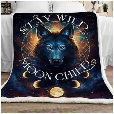 Wolf Stay Wild Moon Child Sherpa Fleece Blanket
