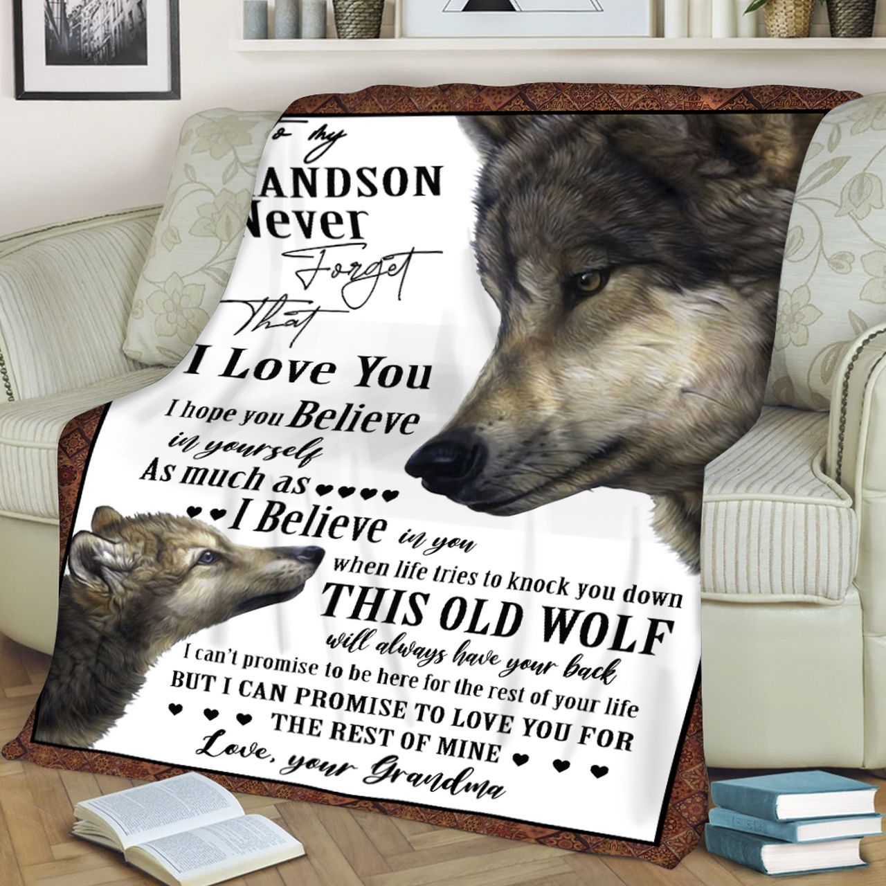 Wolf To My Grandson Grandma Never Forget Sherpa Fleece Blanket