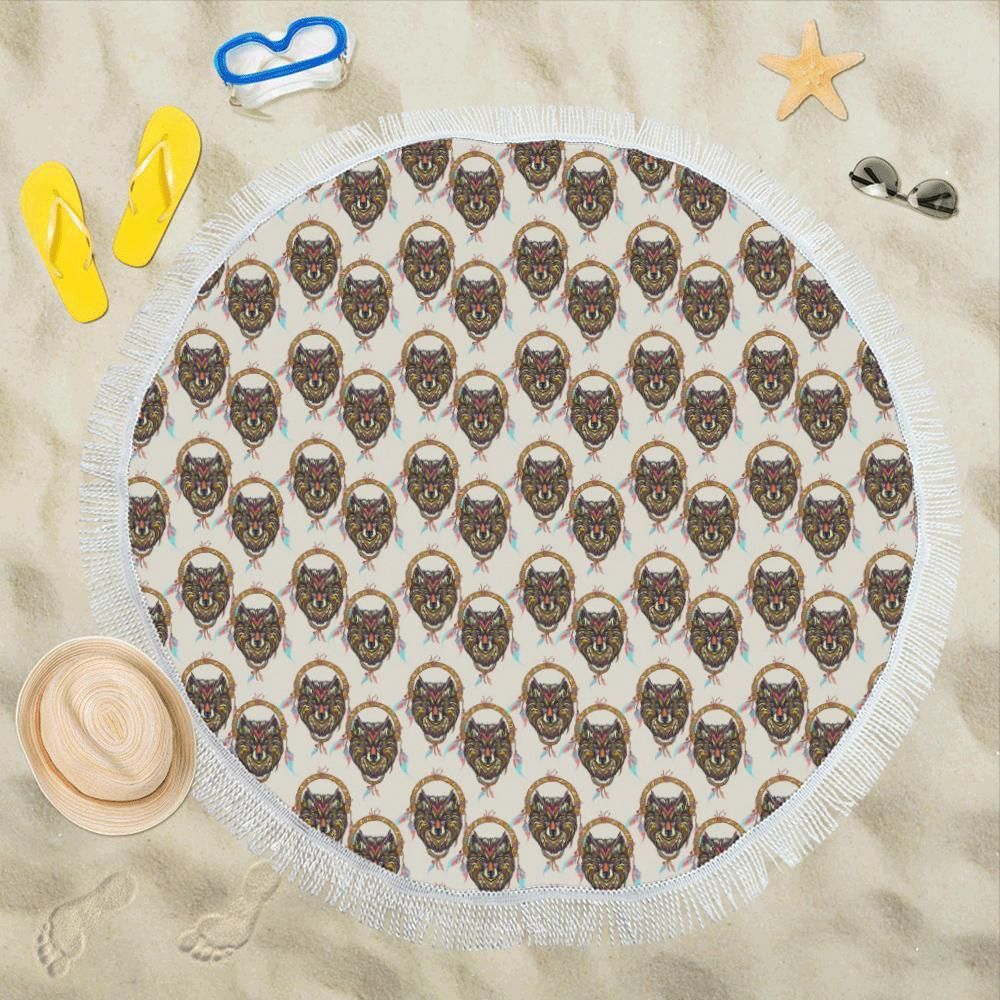 Wolf Tribal Dream Catcher Design Print Round Beach Towel