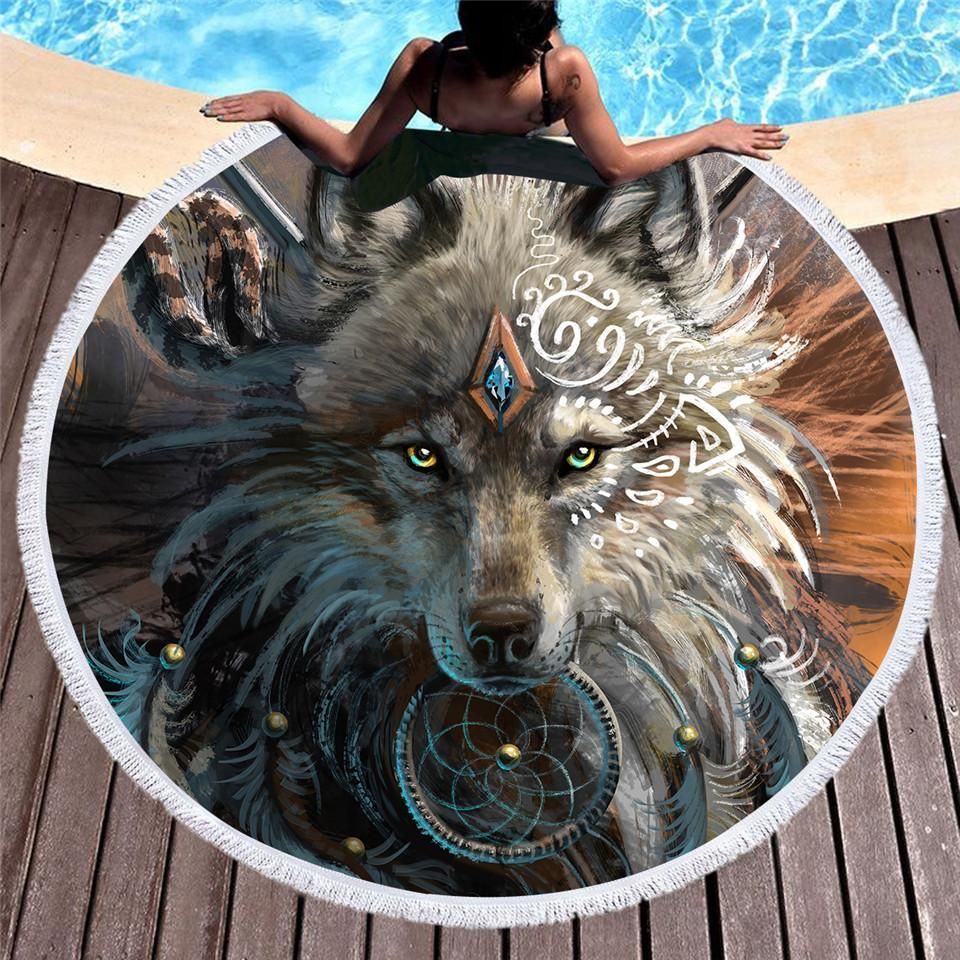 Wolf Warrior Printed Round Beach Towel
