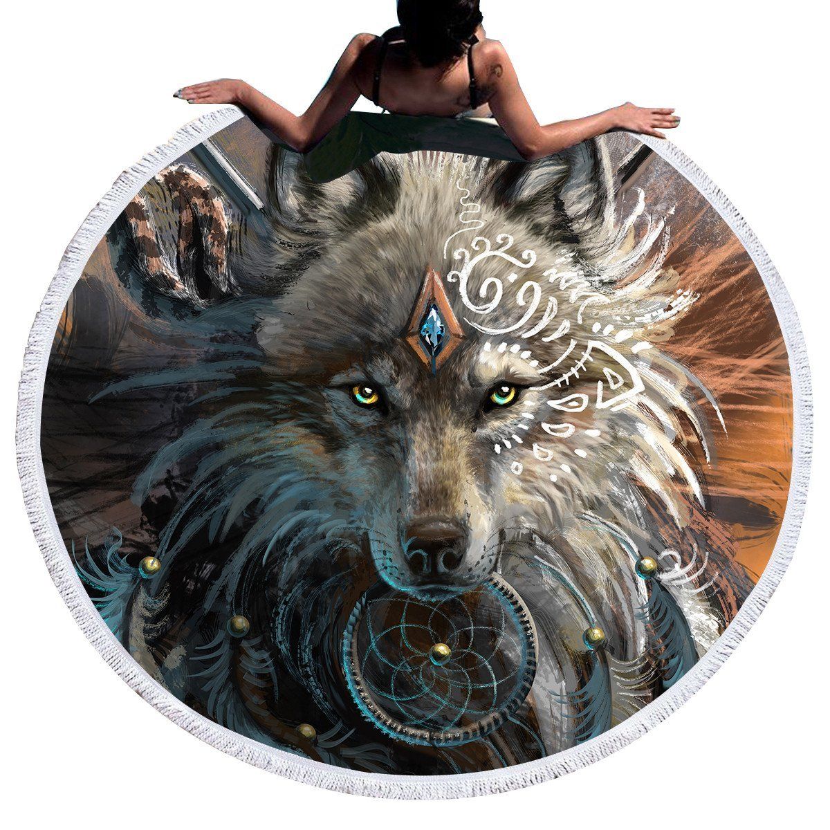 Wolf Warrior With Small Dreamcatcher Printed Round Beach Towel