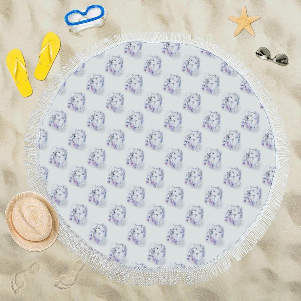Wolf With Flower Print Design Round Beach Towel