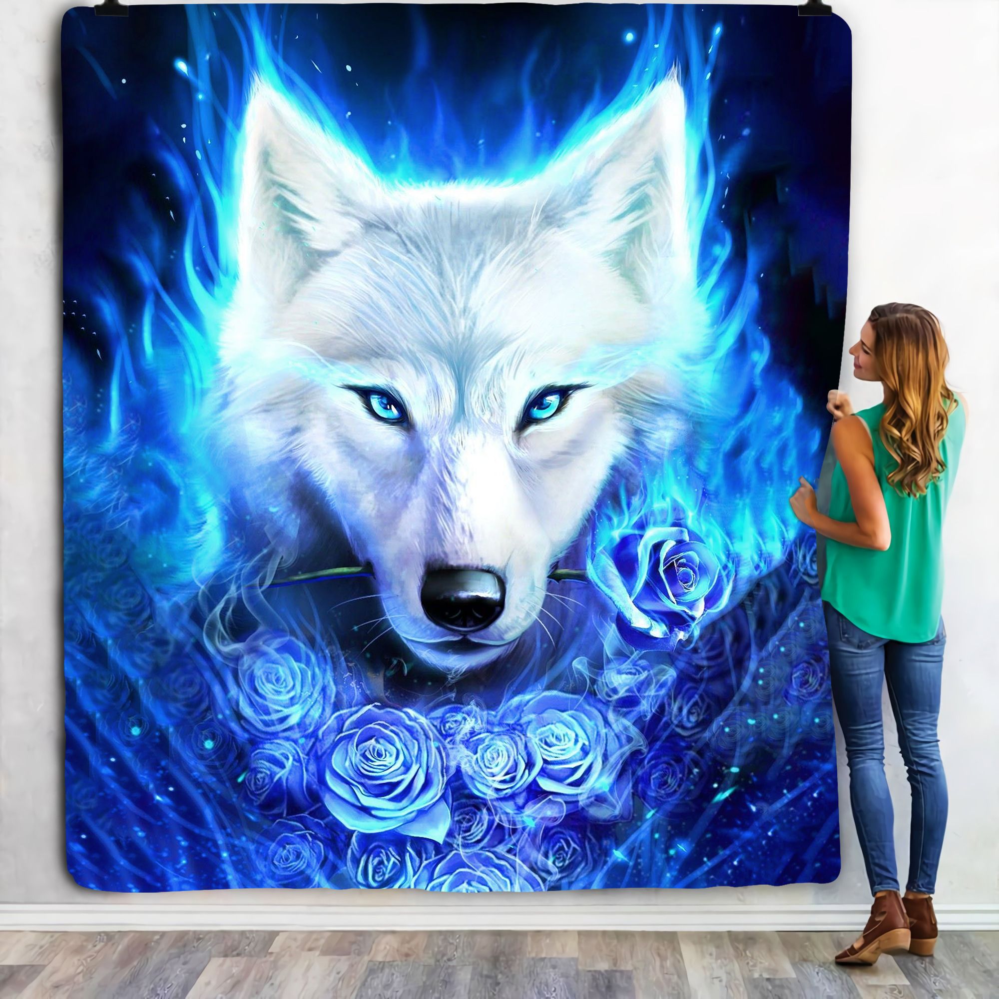 Wolf With Flowers Fleece Blanket