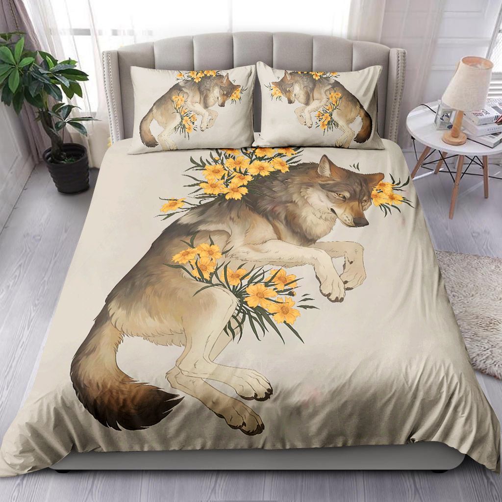 Wolf With Flowers Bedding Set