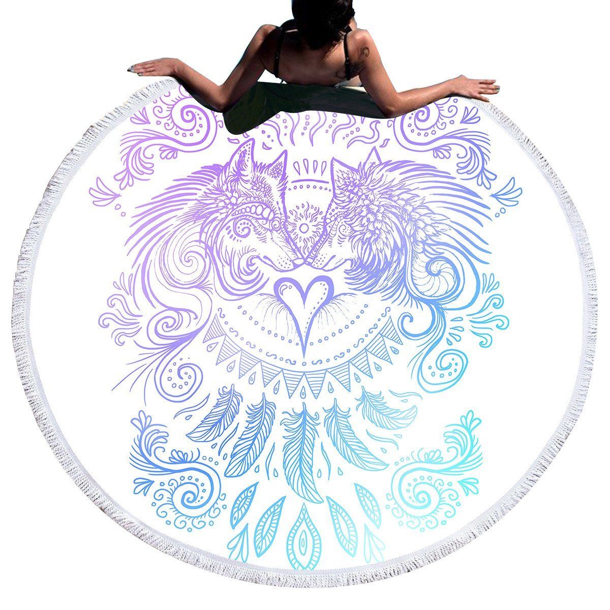 Wolves Heart Paisley Pattern On White Printed Round Beach Towel