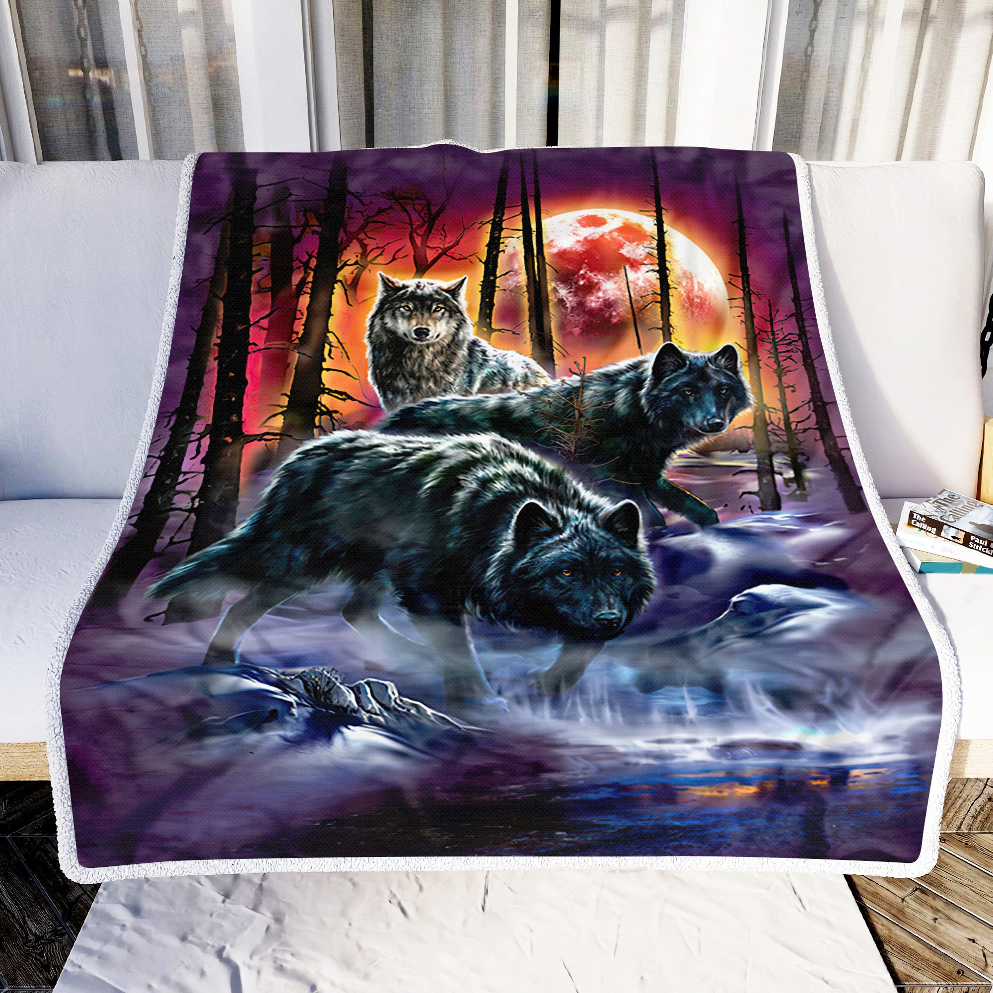 Wolves In The Moon Night Fleece Blanket